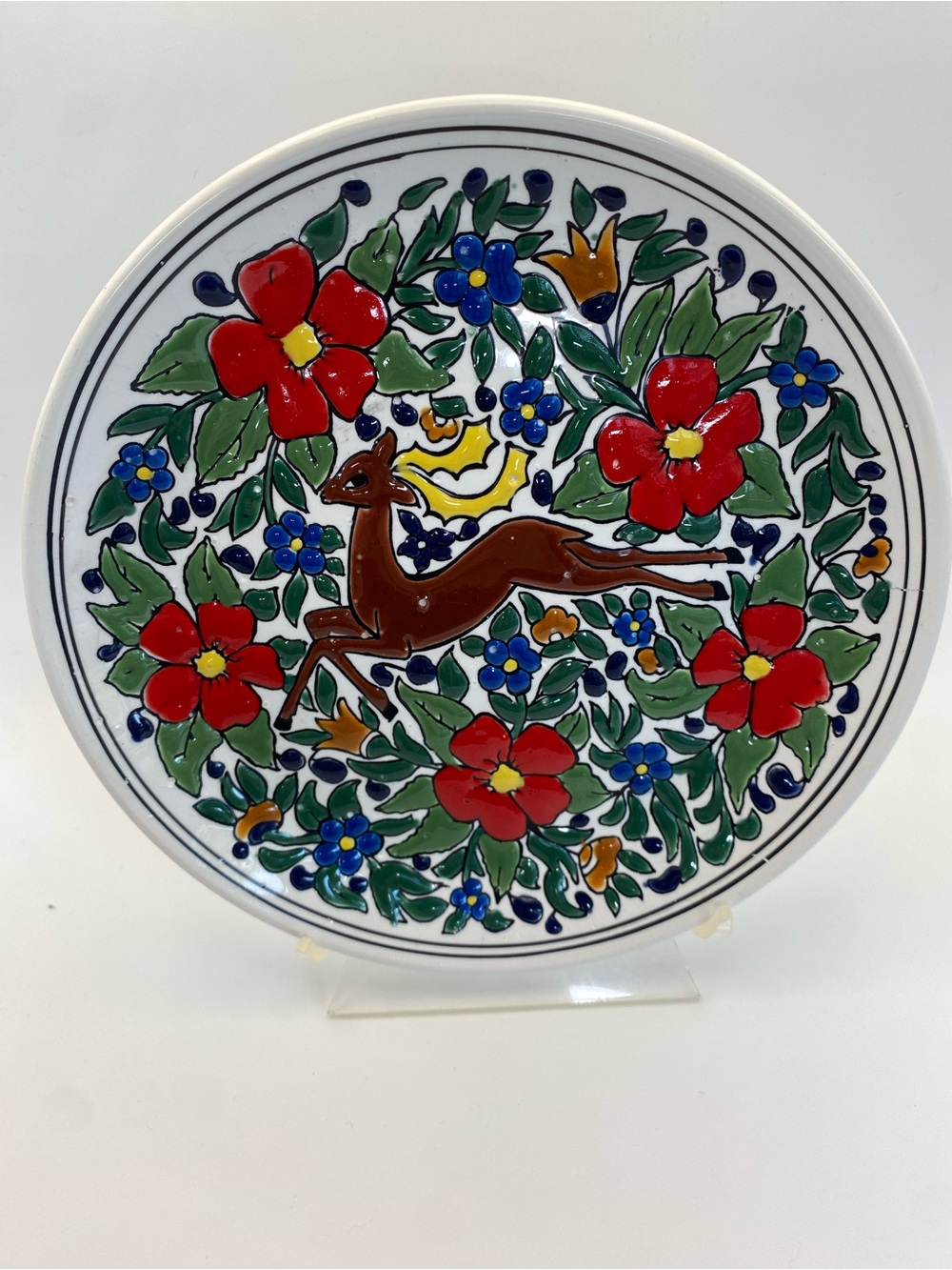 Vintage hand painted decorative plate‎ Greece deer floral